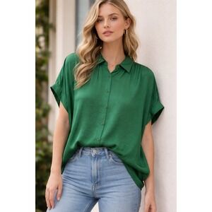 JODIFL Green Textured Button Up Collared Blouse Top Womens Size L Dolman Career